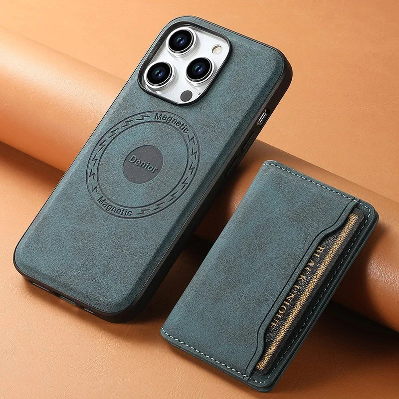 Retro Leather Wallet Case with MagSafe & Card Holder for iPhone