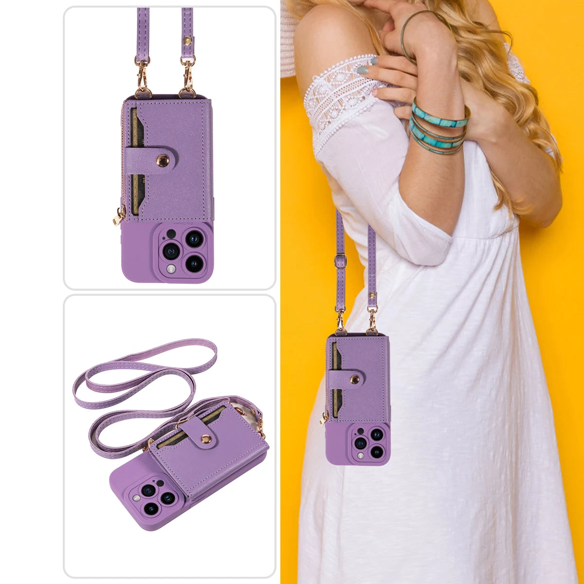Leather Crossbody Phone Case with Mirror Wallet