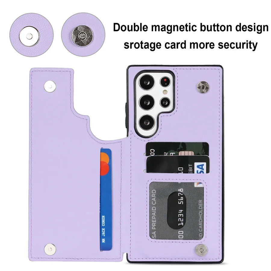 Wallet Flip Leather Case with Double Button for Samsung
