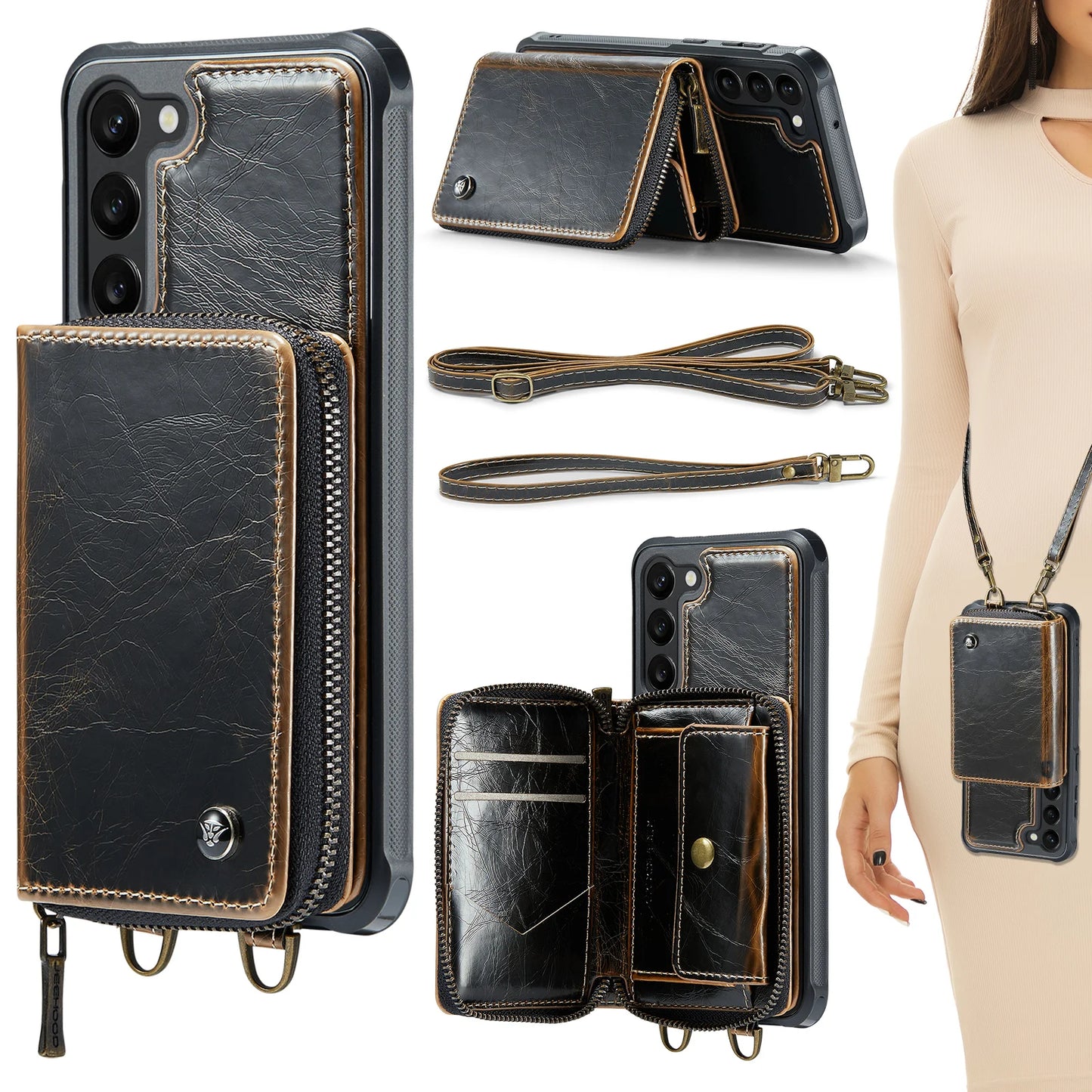 Crossbody Leather Wallet Case with Card Slots for Samsung
