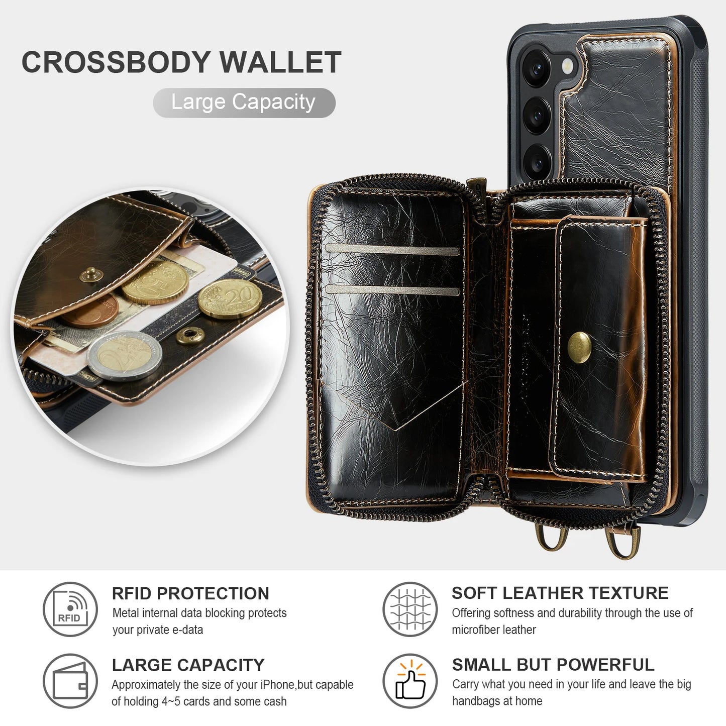 Crossbody Leather Wallet Case with Card Slots for Samsung