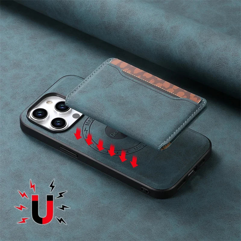 Retro Leather Wallet Case with MagSafe & Card Holder for iPhone
