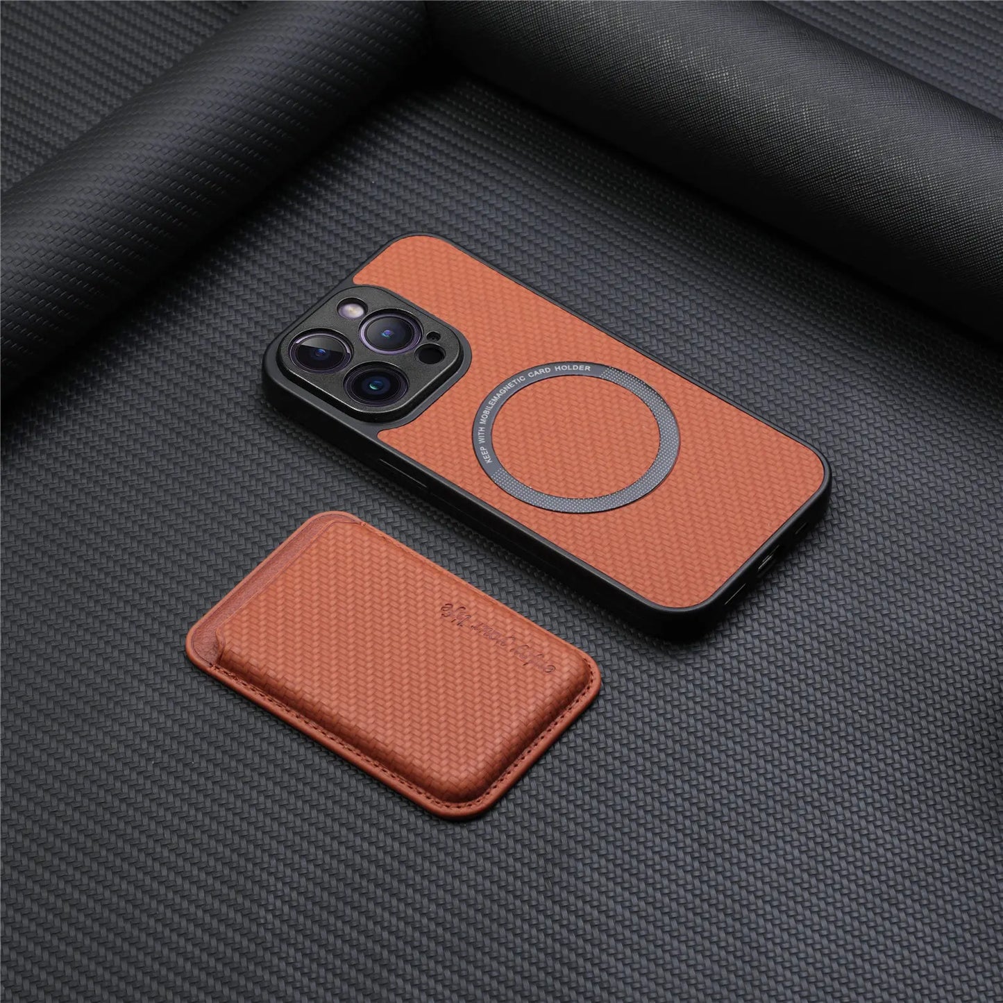 Carbon Fiber PU Leather MagSafe Case with Card Holder for iPhone