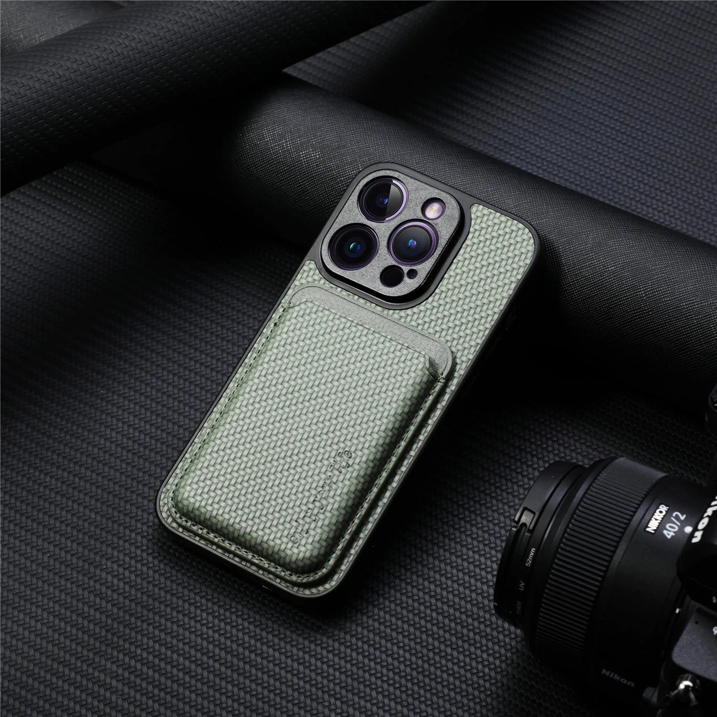 Carbon Fiber PU Leather MagSafe Case with Card Holder for iPhone