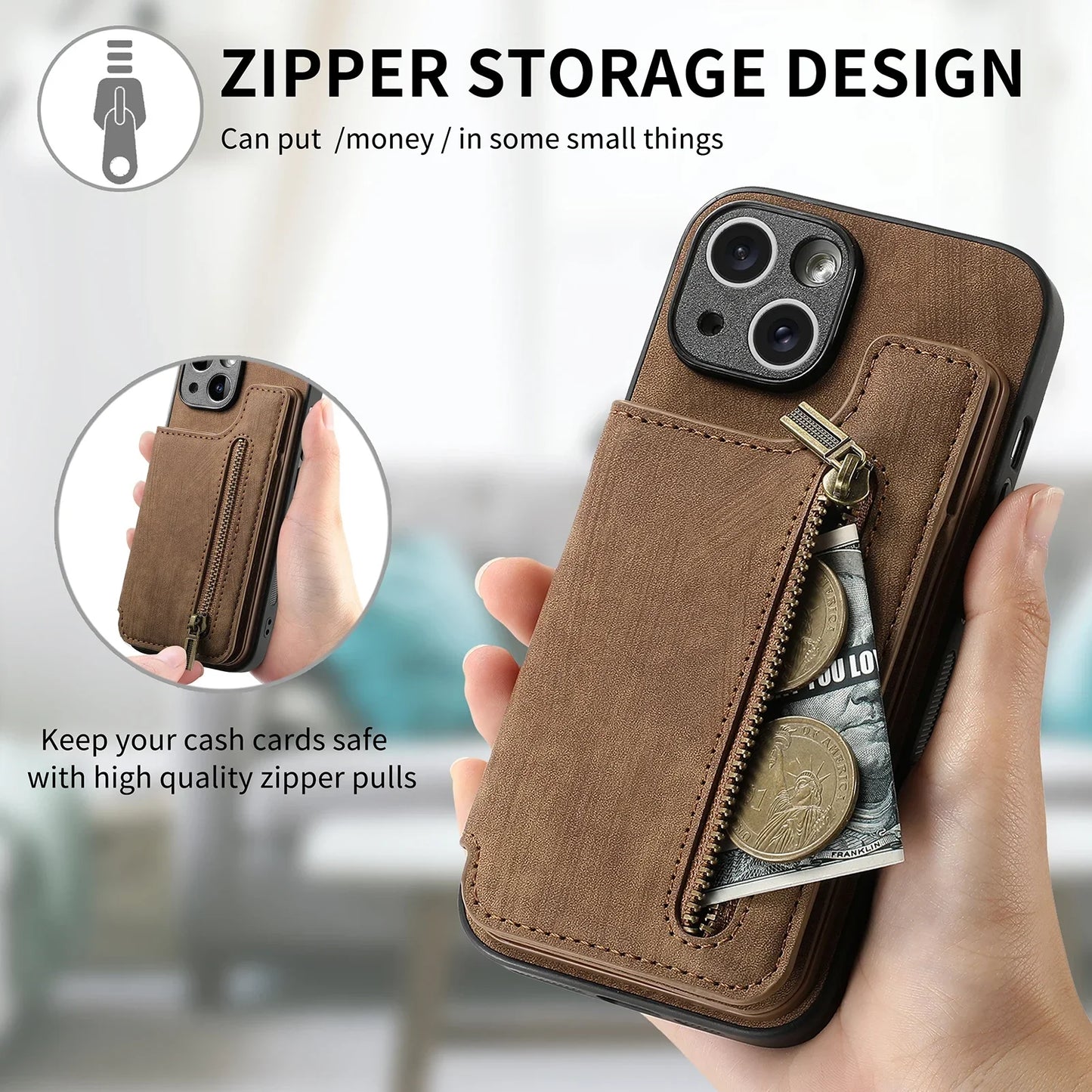 Zipper Wallet Leather Case with Card Slots for iPhone