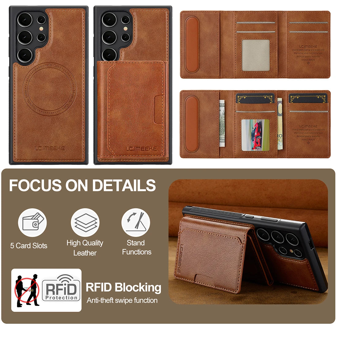 Magnetic Leather Wallet Case with Card Pocket for Samsung
