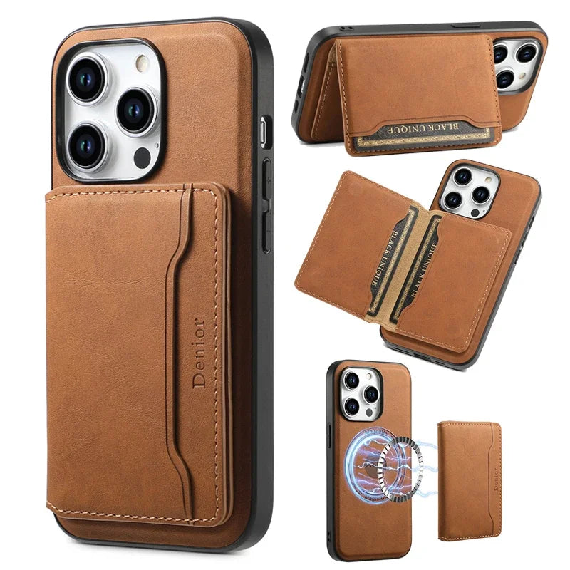 Retro Leather Wallet Case with MagSafe & Card Holder for iPhone