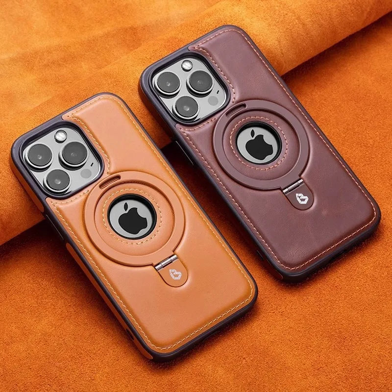 Magnetic Leather Phone Case with Ring Kickstand for iPhone