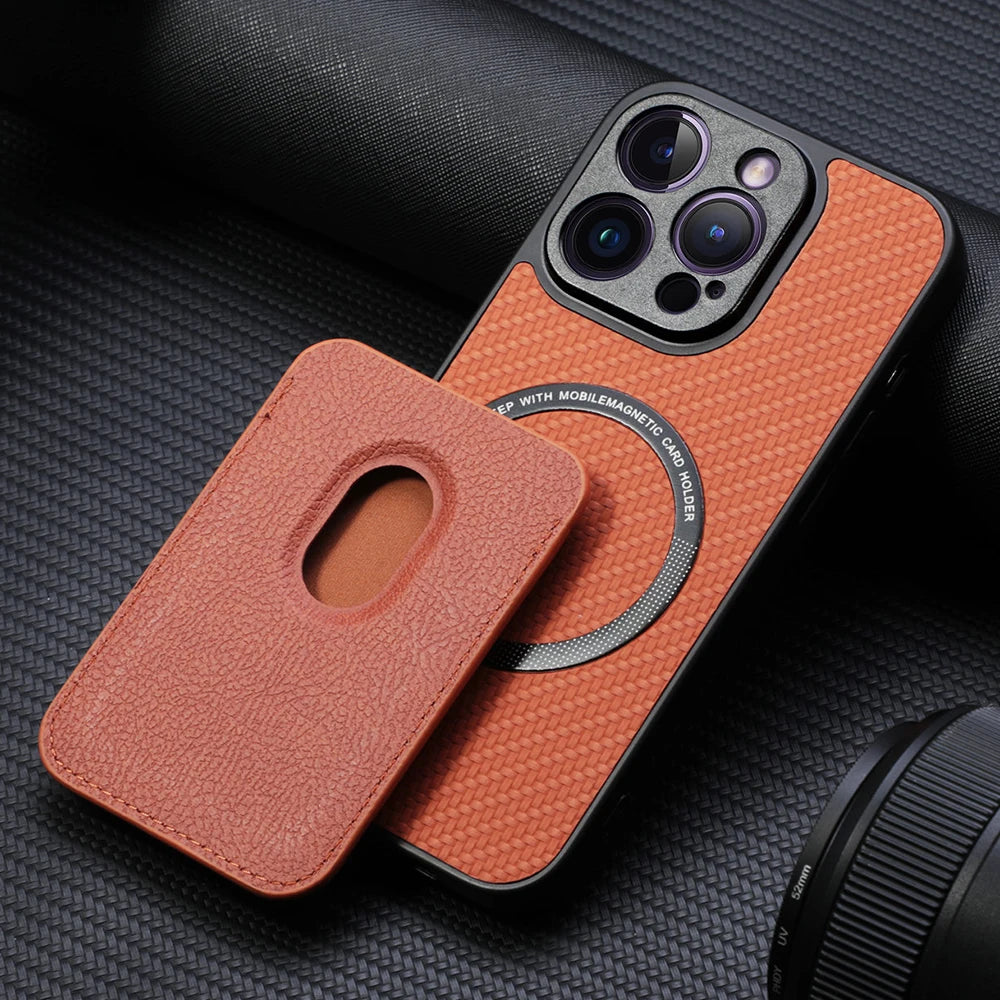 Carbon Fiber PU Leather MagSafe Case with Card Holder for iPhone