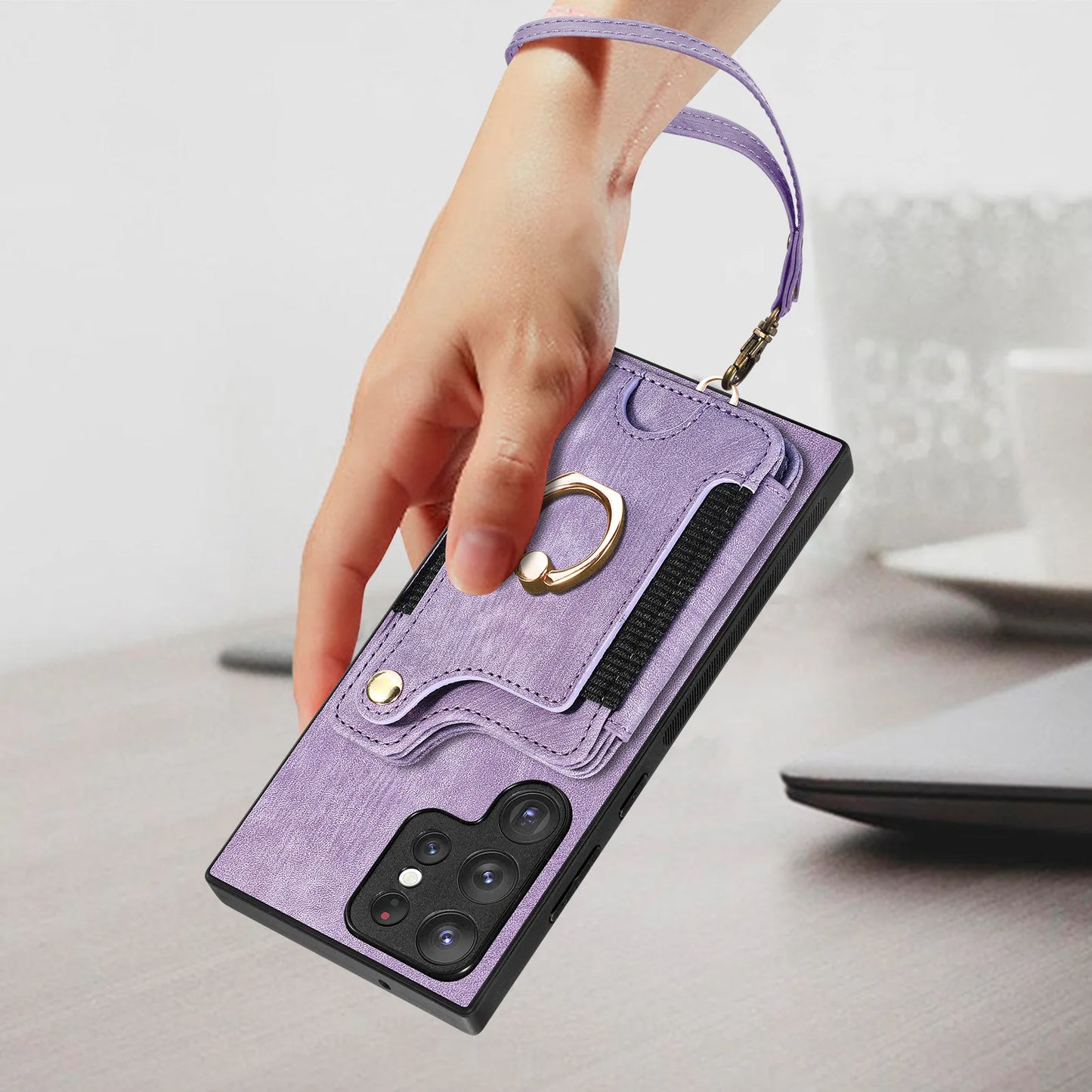 Leather Wallet Phone Case with Ring Holder for Samsung