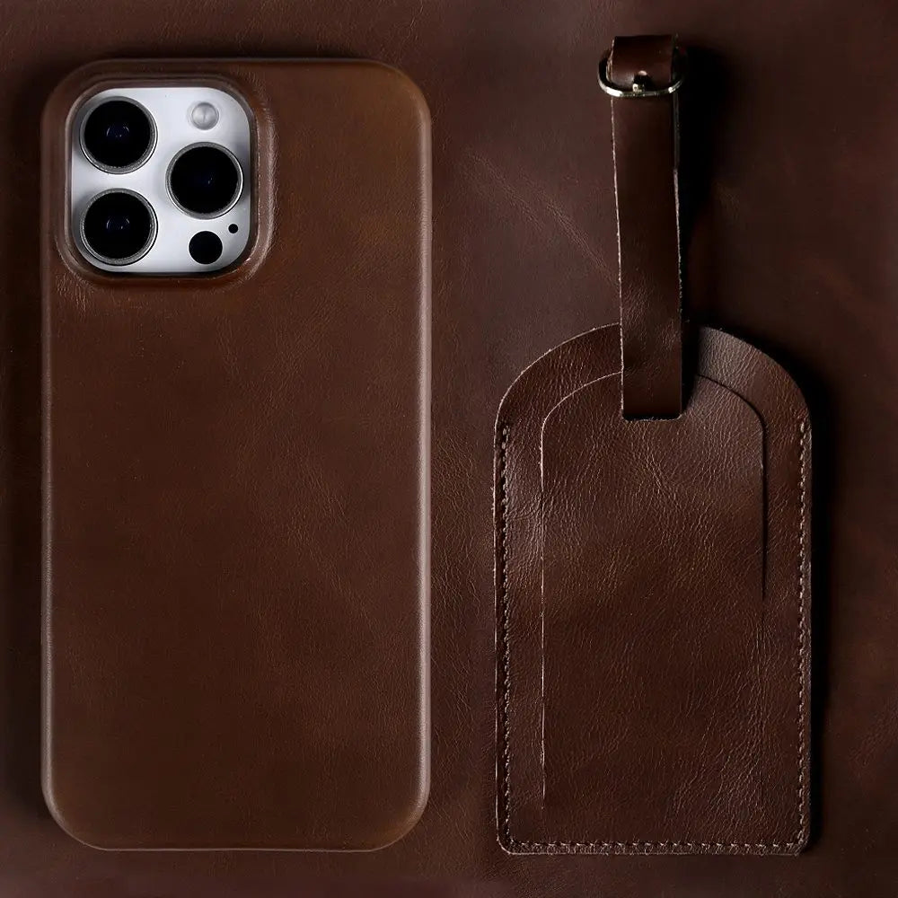 Luxury Leather iPhone Case with Luggage Tag Vintage Style