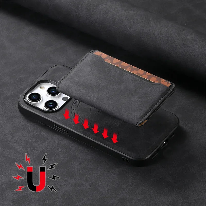Retro Leather Wallet Case with MagSafe & Card Holder for iPhone