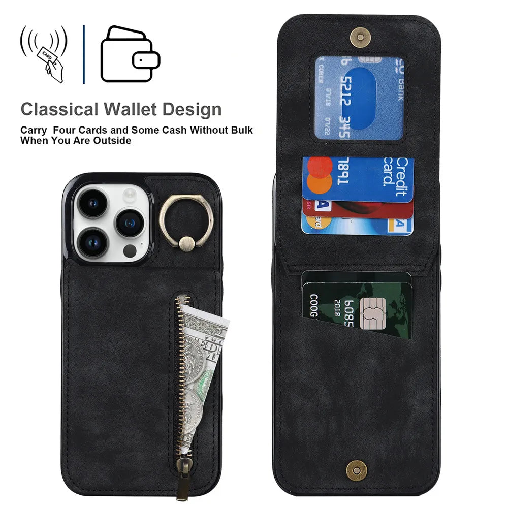 Zipper Wallet Leather Phone Case with Card Holder Kickstand