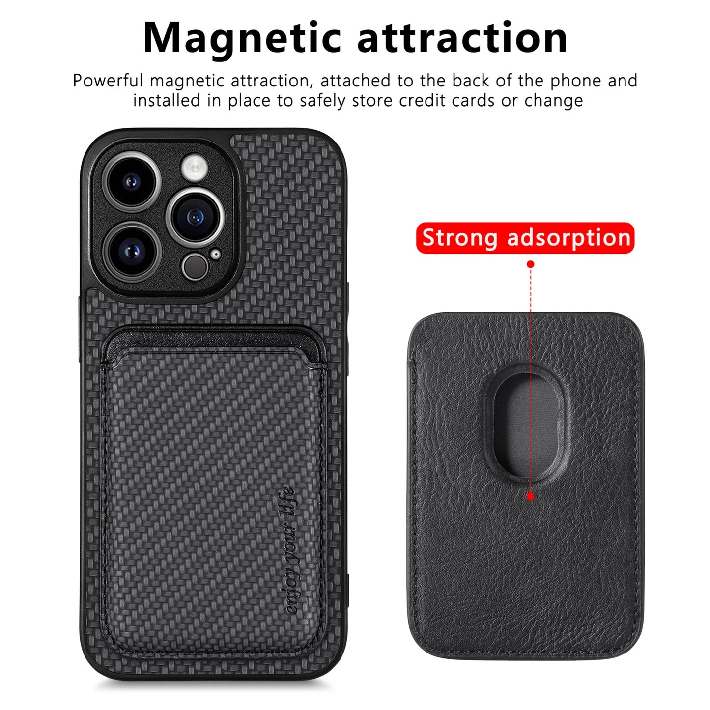 Carbon Fiber PU Leather MagSafe Case with Card Holder for iPhone