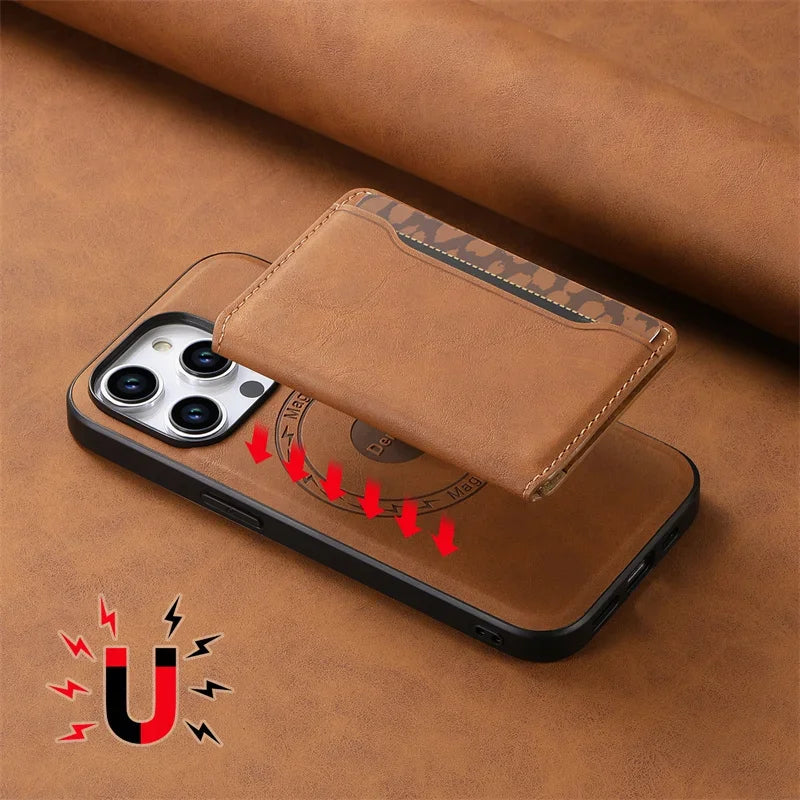 Retro Leather Wallet Case with MagSafe & Card Holder for iPhone