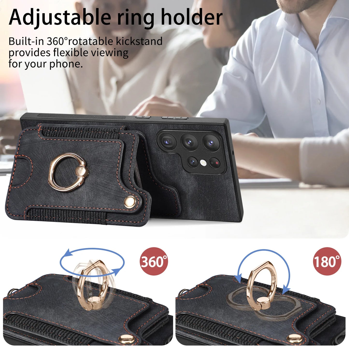 Leather Wallet Phone Case with Ring Holder for Samsung