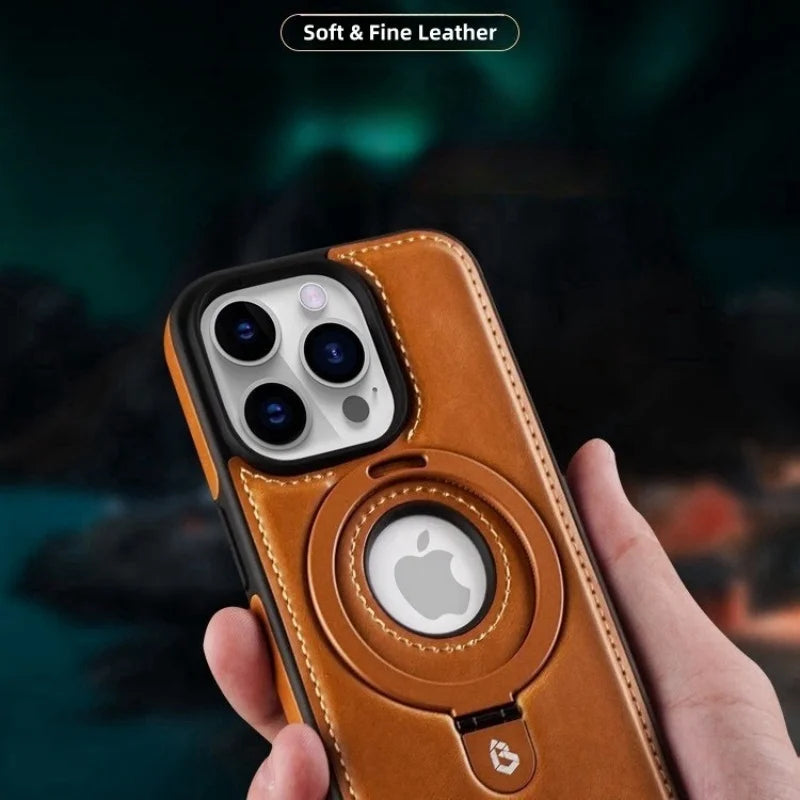Magnetic Leather Phone Case with Ring Kickstand for iPhone