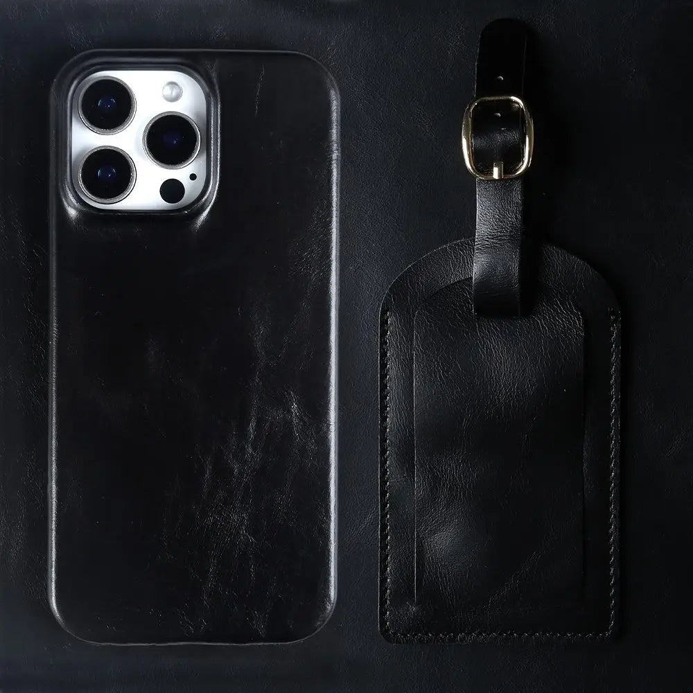 Luxury Leather iPhone Case with Luggage Tag Vintage Style