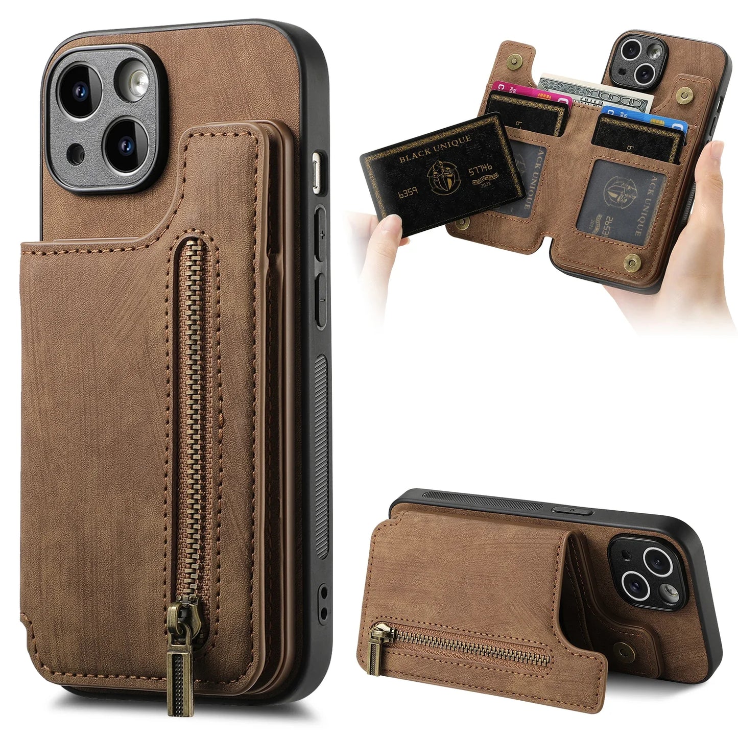 Zipper Wallet Leather Case with Card Slots for iPhone