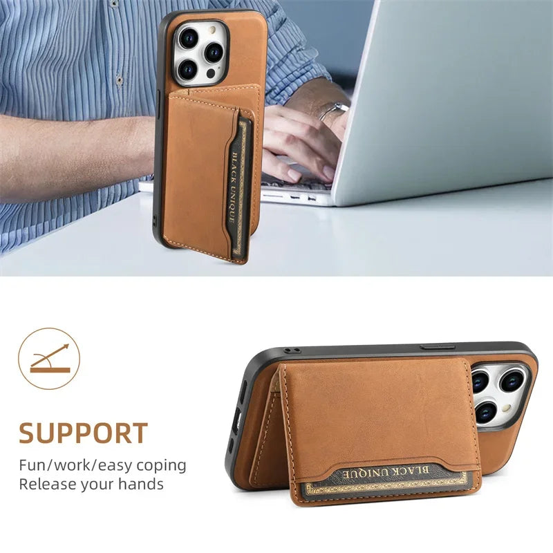 Retro Leather Wallet Case with MagSafe & Card Holder for iPhone