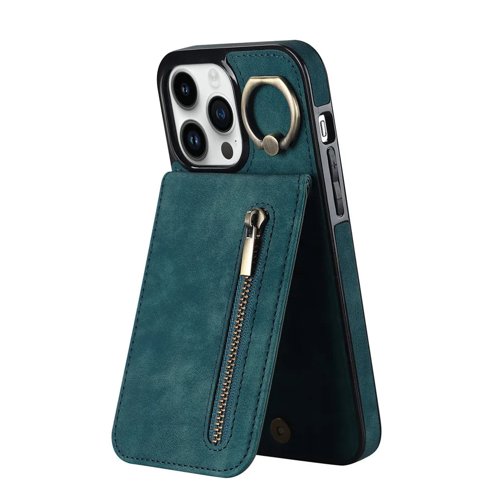 Zipper Wallet Leather Phone Case with Card Holder Kickstand