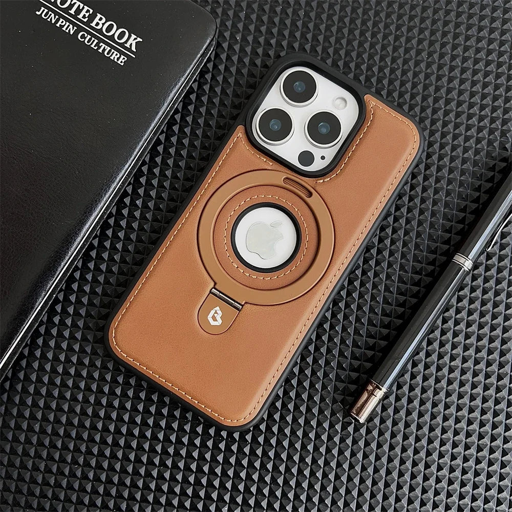 Luxury Leather MagSafe Case with Ring Holder for iPhone