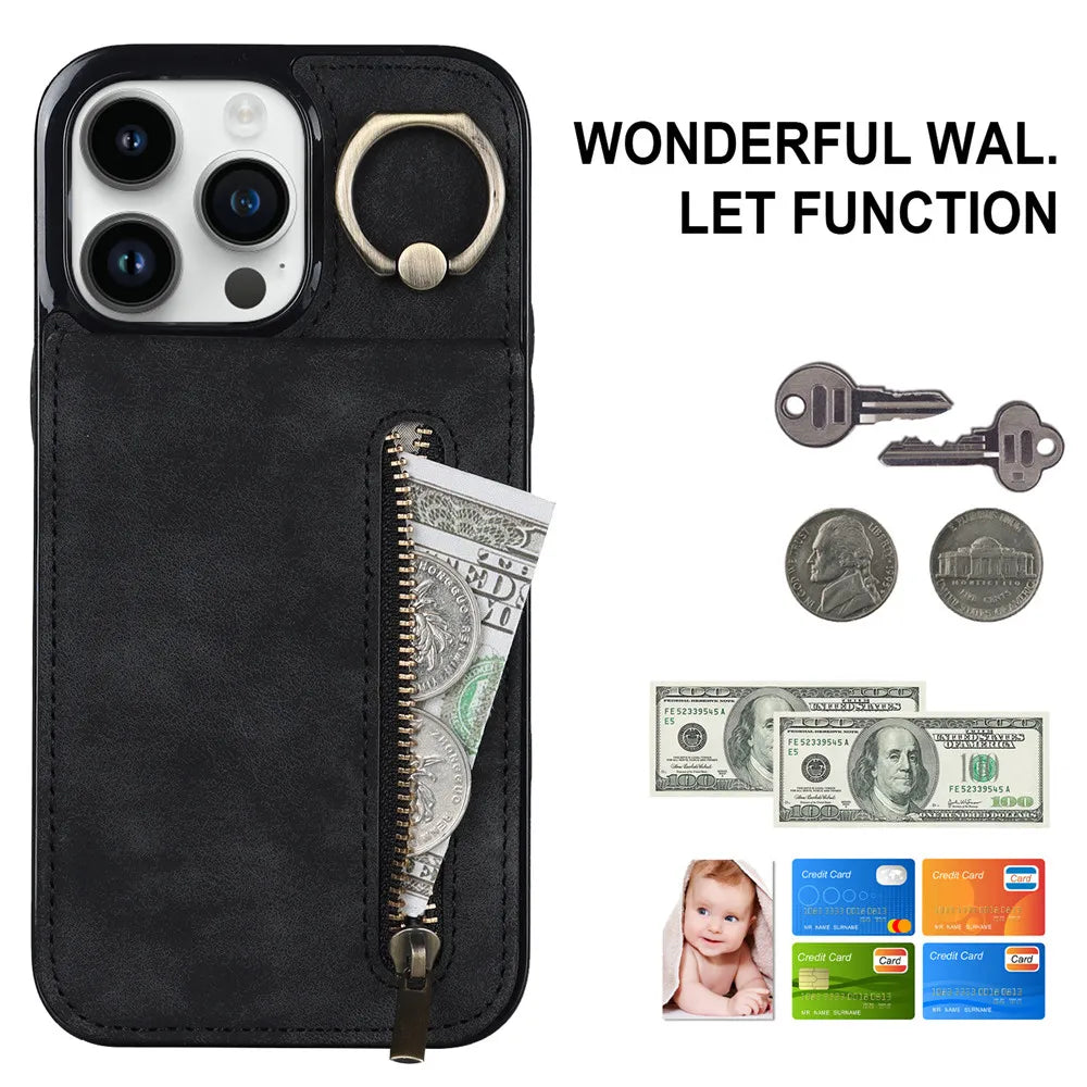 Zipper Wallet Leather Phone Case with Card Holder Kickstand