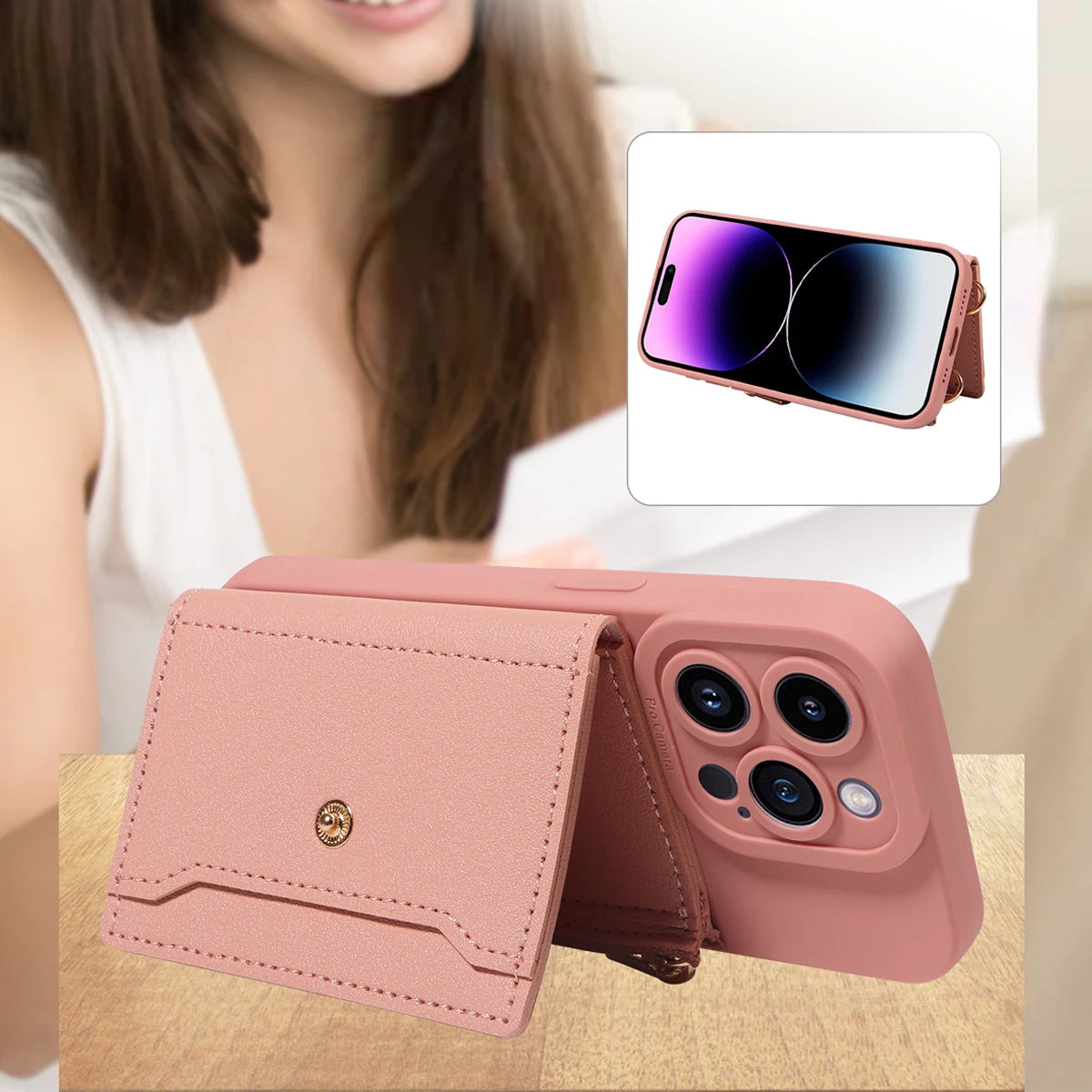 Leather Crossbody Phone Case with Mirror Wallet
