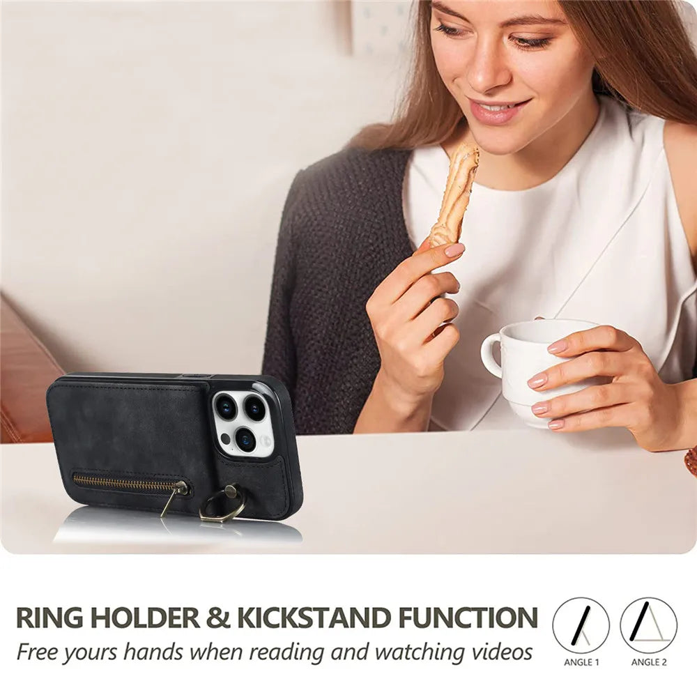 Zipper Wallet Leather Phone Case with Card Holder Kickstand