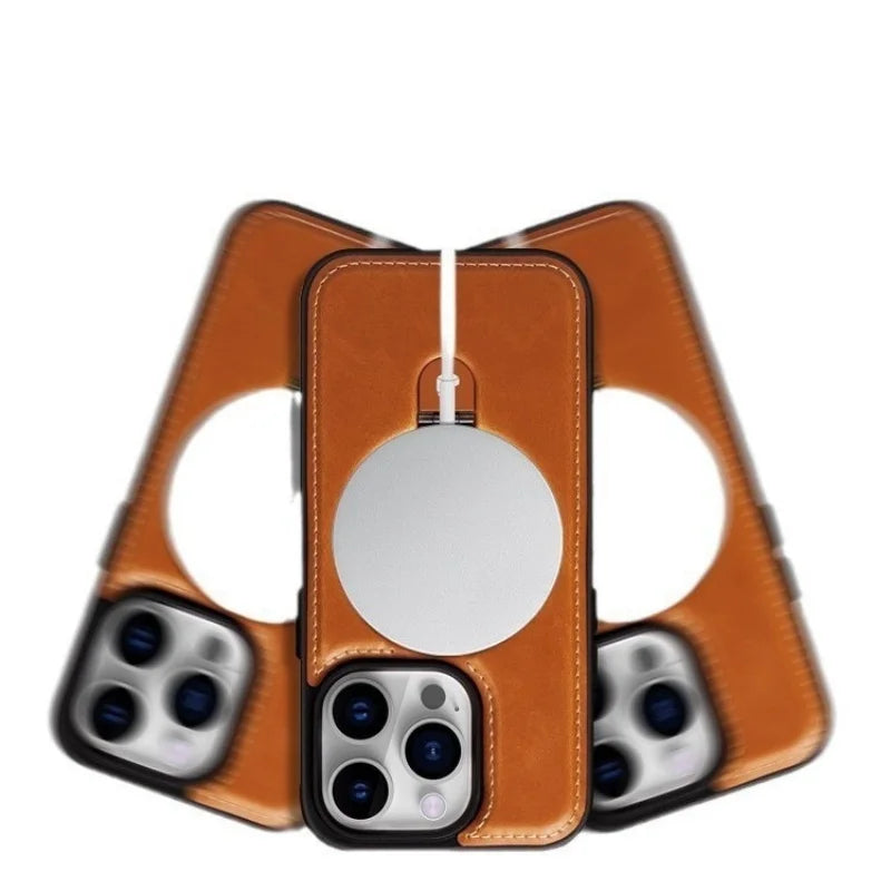 Magnetic Leather Phone Case with Ring Kickstand for iPhone