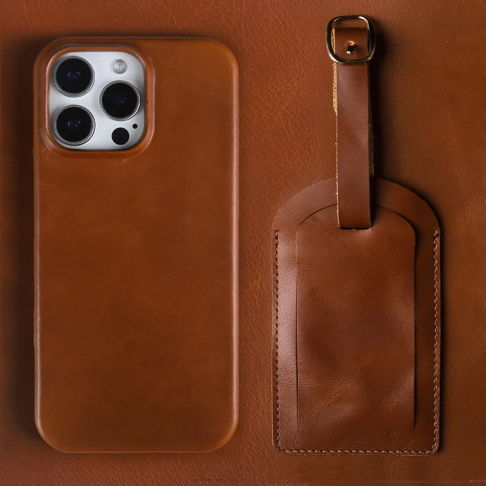 Luxury Leather iPhone Case with Luggage Tag Vintage Style