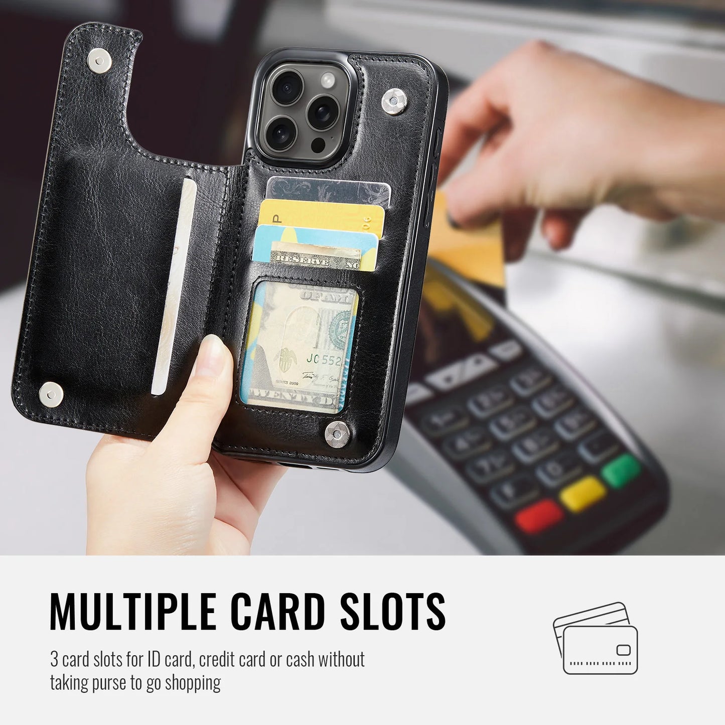 PU Leather Case with Kickstand Card Holder for iPhone - CaseifyTrend