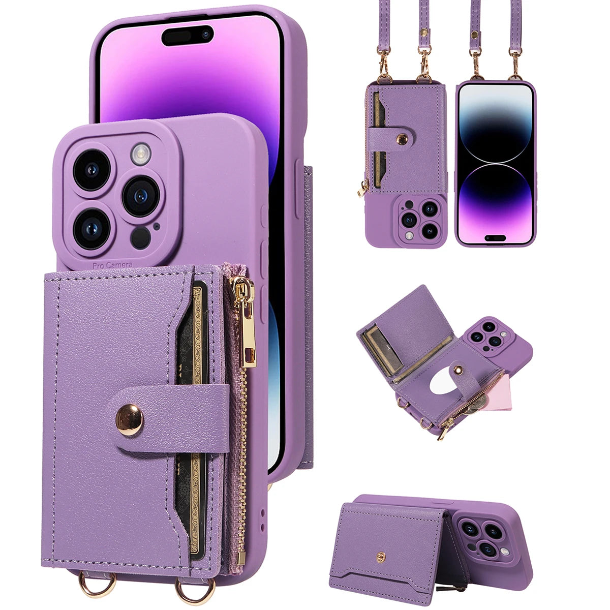 Leather Crossbody Phone Case with Mirror Wallet