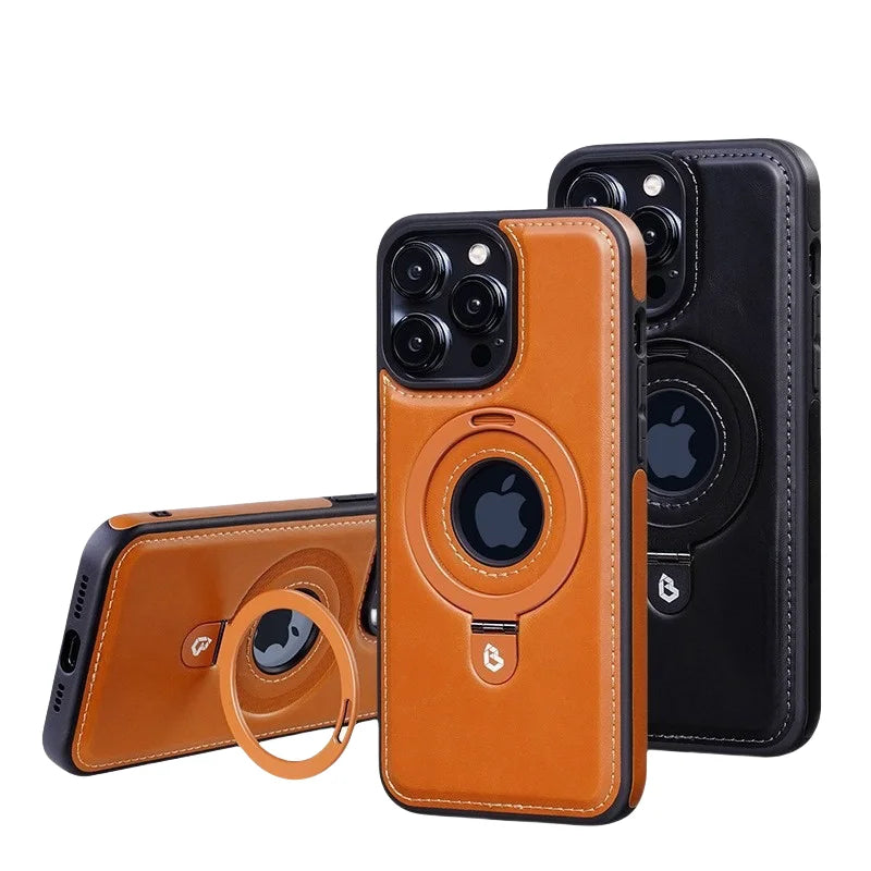 Magnetic Leather Phone Case with Ring Kickstand for iPhone