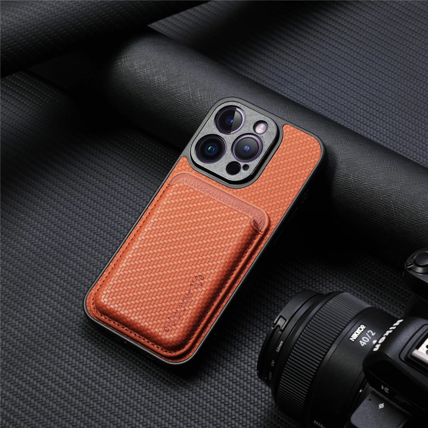 Carbon Fiber PU Leather MagSafe Case with Card Holder for iPhone