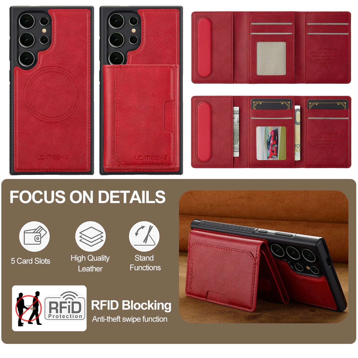 Magnetic Leather Wallet Case with Card Pocket for Samsung