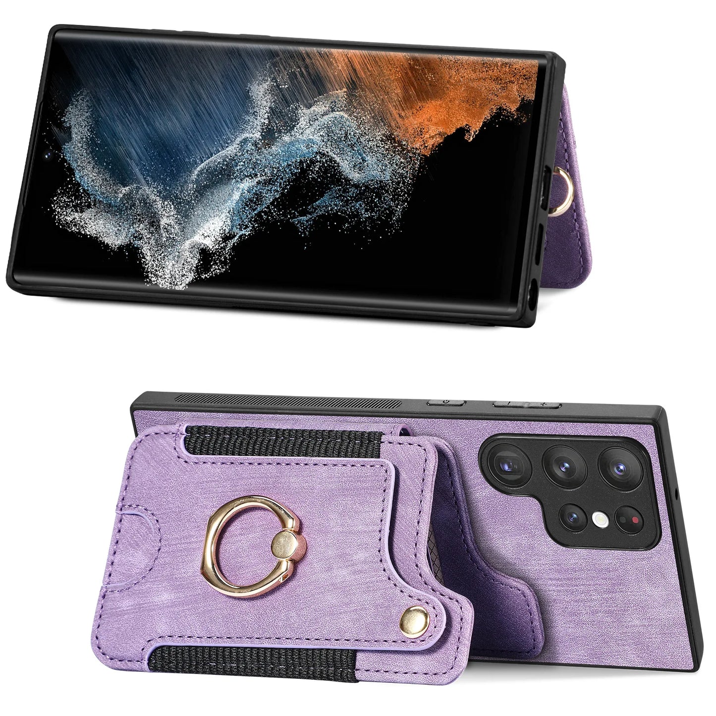 Leather Wallet Phone Case with Ring Holder for Samsung