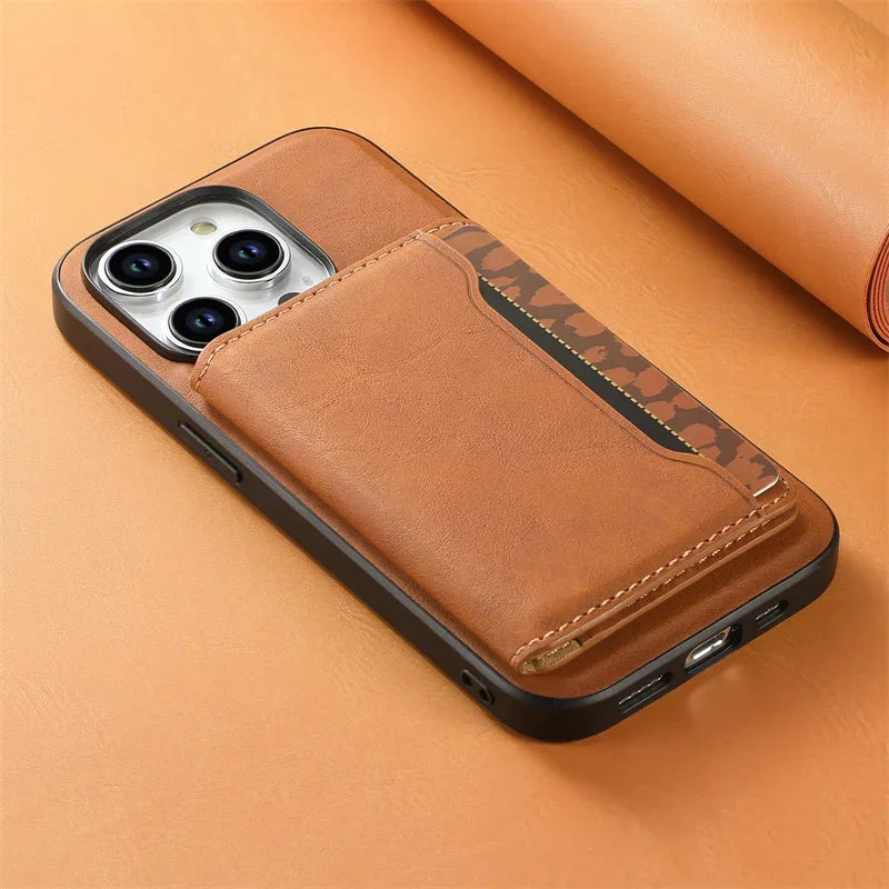 Retro Leather Wallet Case with MagSafe & Card Holder for iPhone