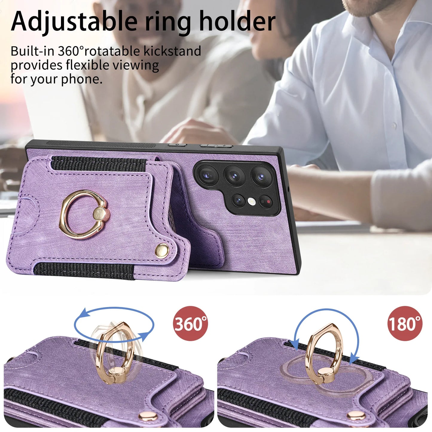 Leather Wallet Phone Case with Ring Holder for Samsung