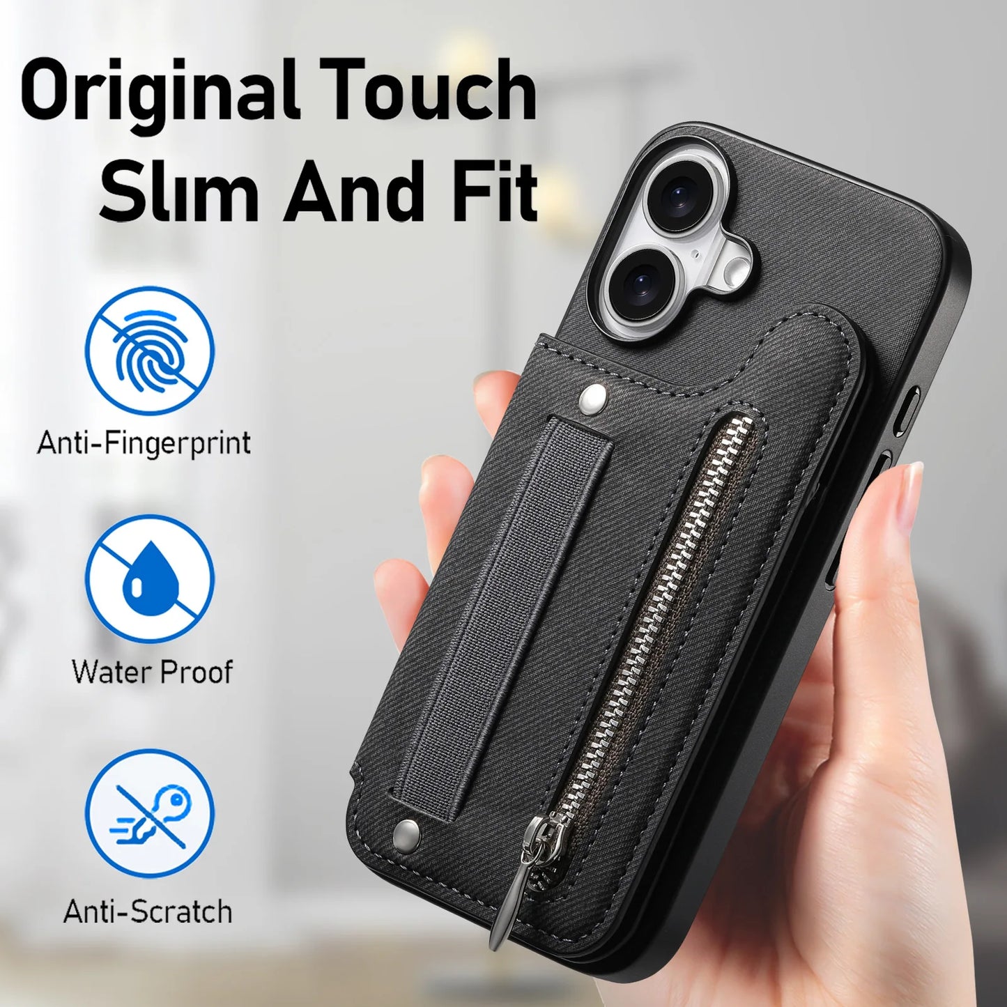 Leather Wallet Phone Case with Wrist Strap and Card Holder