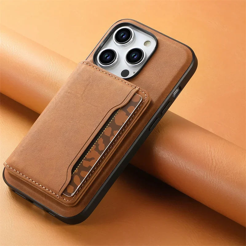 Retro Leather Wallet Case with MagSafe & Card Holder for iPhone