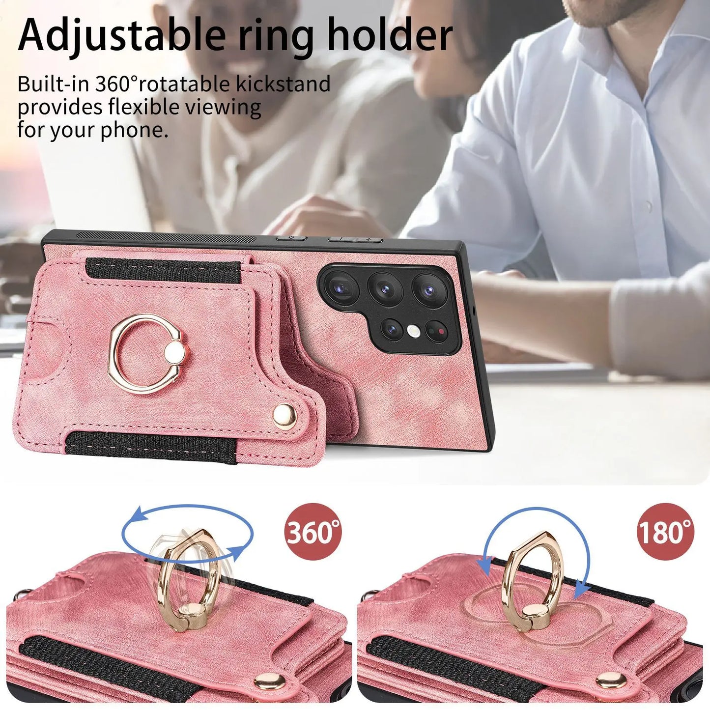 Leather Wallet Phone Case with Ring Holder for Samsung