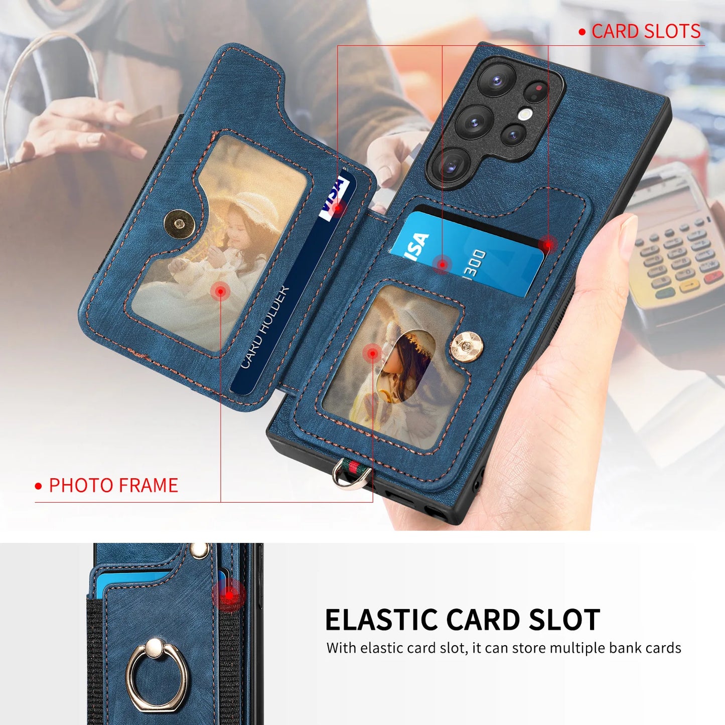 Leather Wallet Phone Case with Ring Holder for Samsung