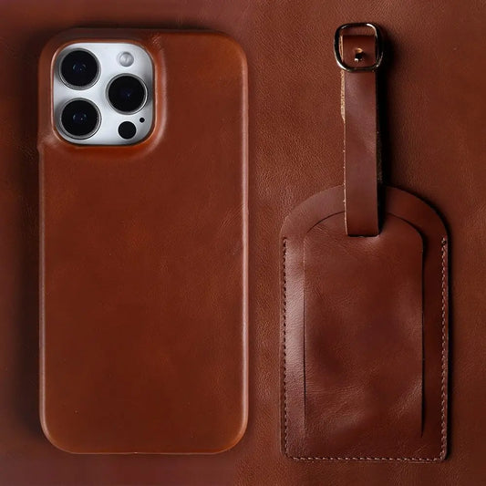 Luxury Leather iPhone Case with Luggage Tag Vintage Style