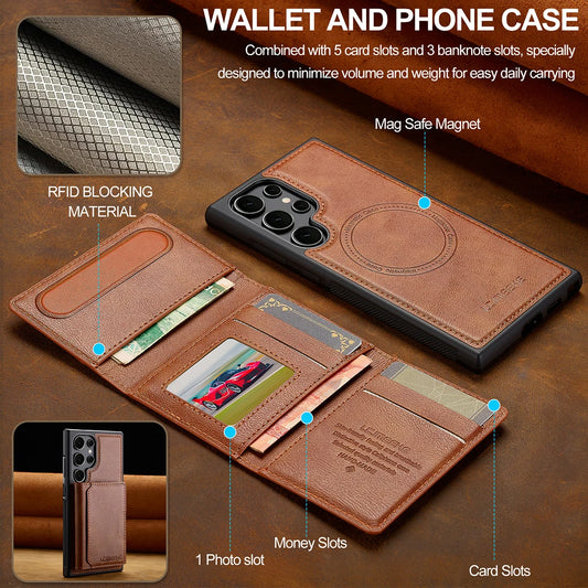 Magnetic Leather Wallet Case with Card Pocket for Samsung
