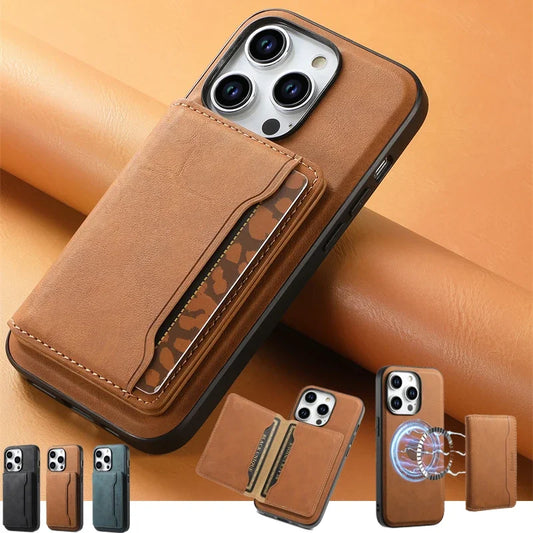Retro Leather Wallet Case with MagSafe & Card Holder for iPhone