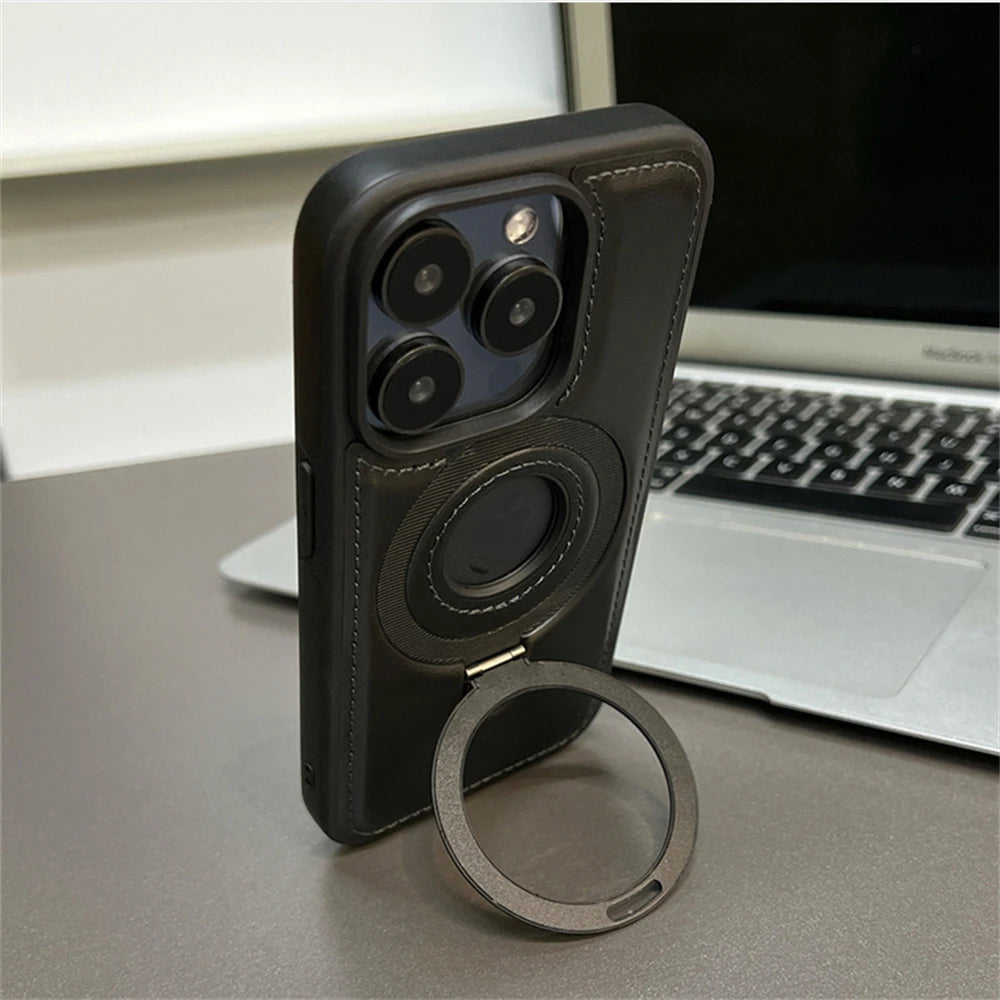 Luxury Magnetic Stand Ring PU Leather Case for iPhone