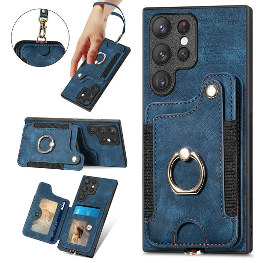 Leather Wallet Phone Case with Ring Holder for Samsung