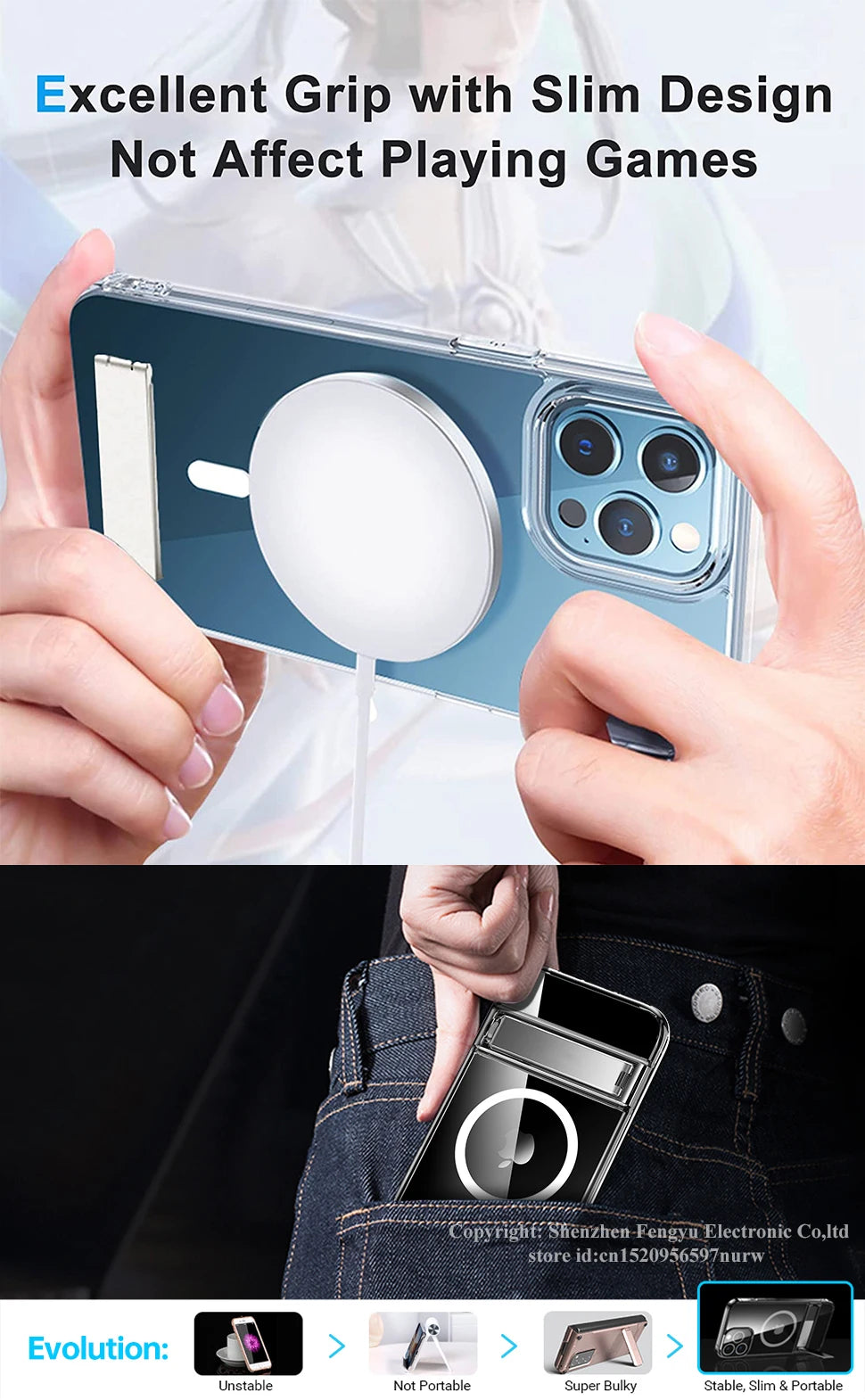 Clear Magnetic Phone Case with Kickstand for iPhone