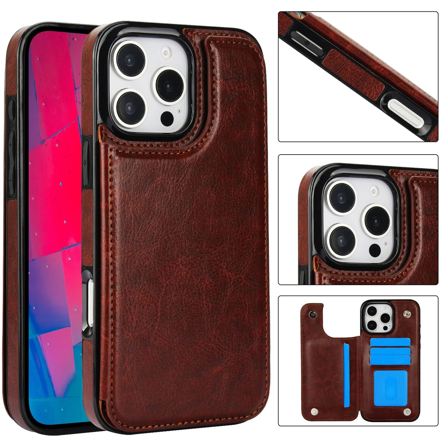 PU Leather Case with Kickstand Card Holder for iPhone